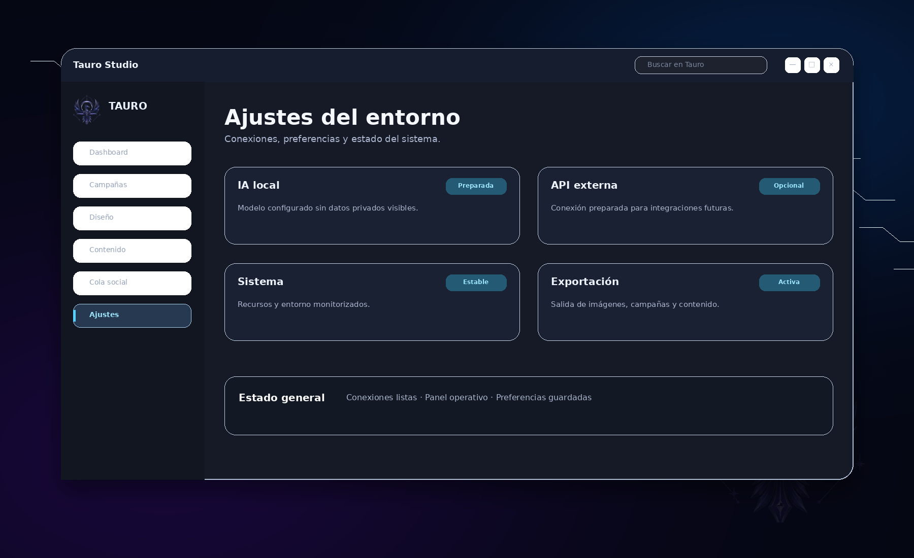 Ajustes del entorno Tauro Studio